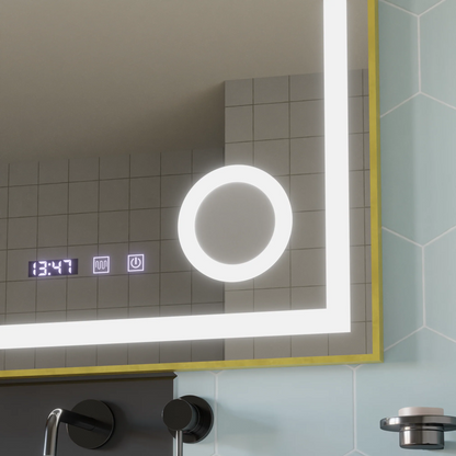 Oglinda LED Touch CLARUS Sistem Dezaburire, Ceas si Temperatura 80x60 cm Rama Auriu Brushed Lupa Cosmetica
