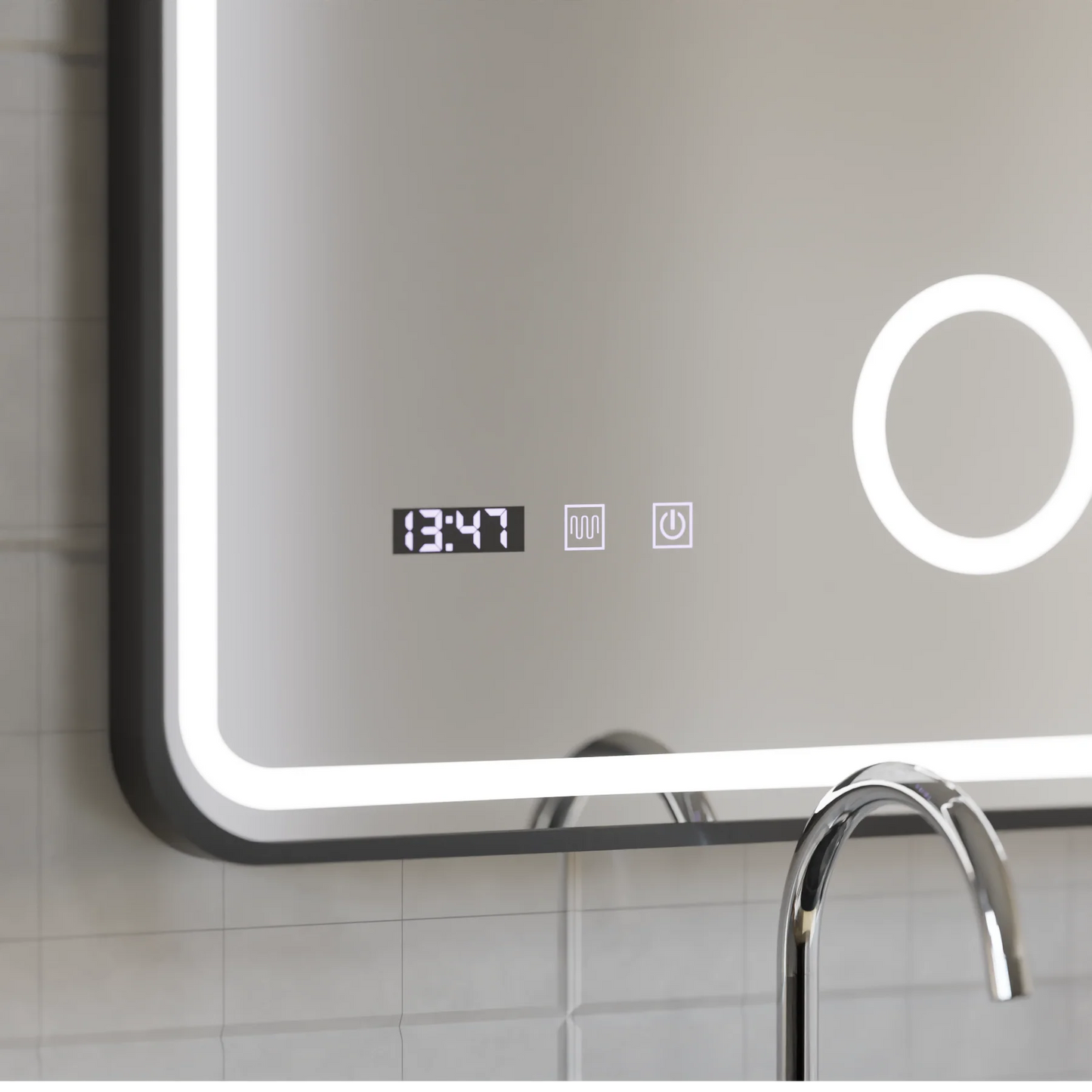 Oglinda LED Touch Ulrich Sistem Dezaburire, Ceas si Temperatura 75x90 cm Rama Negru Brushed Lupa Cosmetica