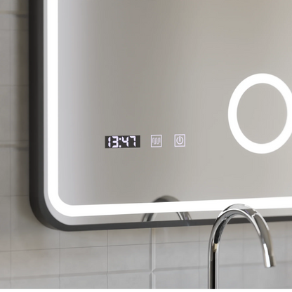 Oglinda LED Touch Ulrich Sistem Dezaburire, Ceas si Temperatura 75x90 cm Rama Negru Brushed Lupa Cosmetica