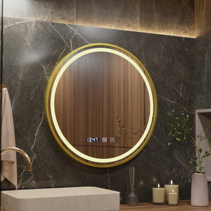 Oglinda LED Touch LUSSO Sistem Dezaburire, Ceas si Temperatura, 50 cm, rama Auriu Brushed