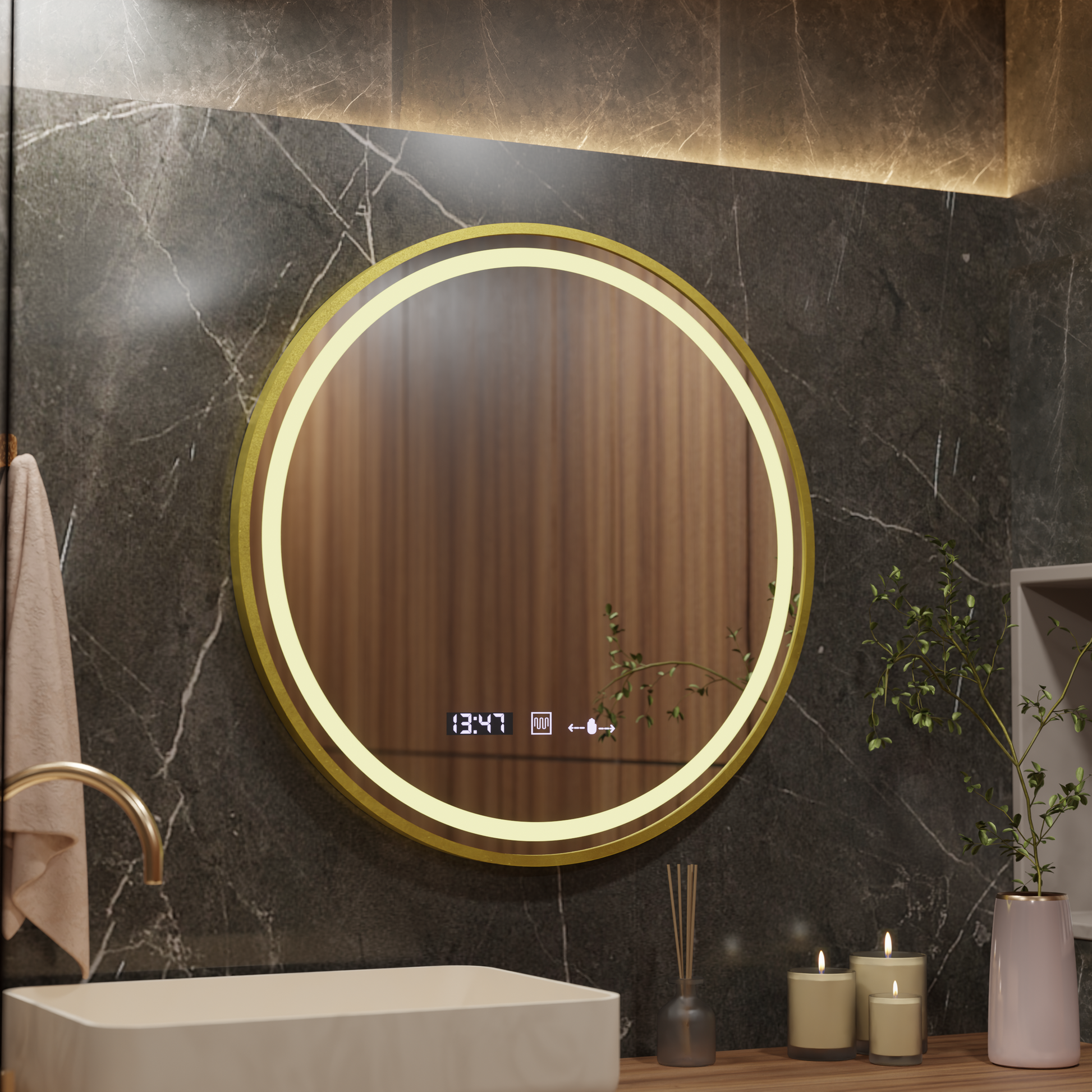 Oglinda LED Rotunda, 60cm, Celeste Royale Gold MotionGlow Marcello, Sistem Dezaburire, Ceas & Termometru, Dimabila – ogl