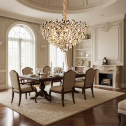 Candelabru Cristal Magno 11xE27, Diametru 60cm, Auriu Lucios si Negru, Inaltime Reglabila
