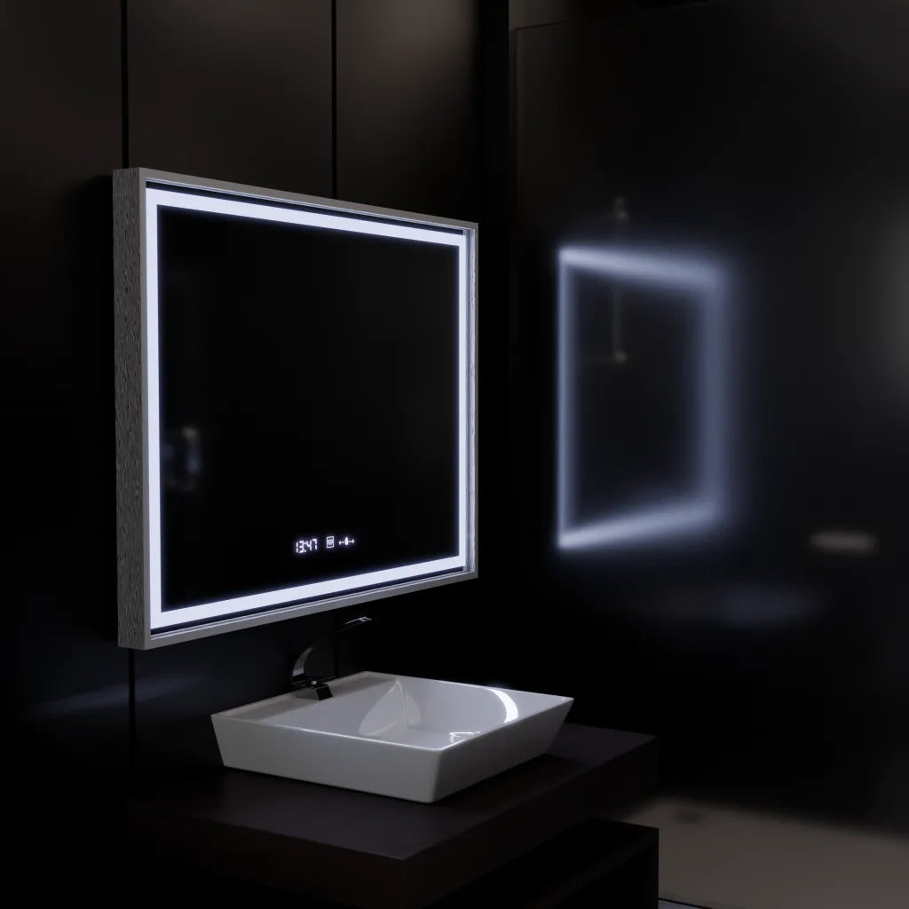 Oglinda LED Rectangulara 120x80 Verite Imperial Silver Motion Glow Marcello, Sistem Dezaburire, Termometru si Ceas, Dimabila