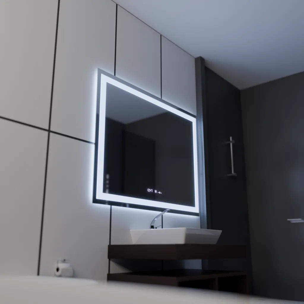 Oglinda LED Rectangulara 100x75cm Verite MotionGlow Marcello, Sistem Dezaburire, Termometru si Ceas, Dimabila
