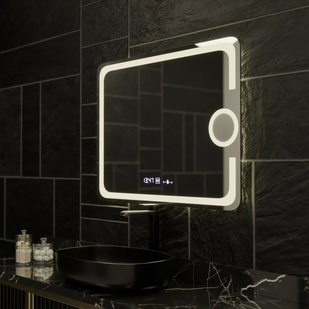 Oglinda LED Rectangulara 80x60 Eclat MotionGlow Marcello, Lupa Cosmetica, Sistem Dezaburire, Termometru si Ceas, Dimabila