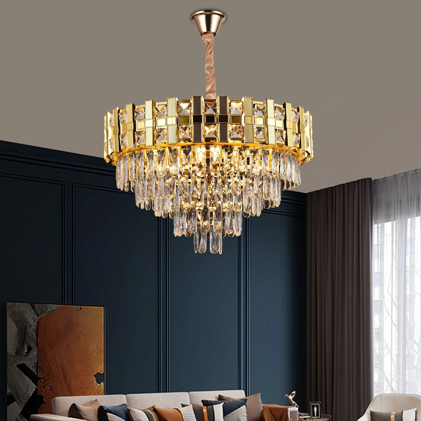 Candelabru Cristal BRAN Mango 8xE14, Diametru 60cm, Auriu Lucios, Inaltime Reglabila