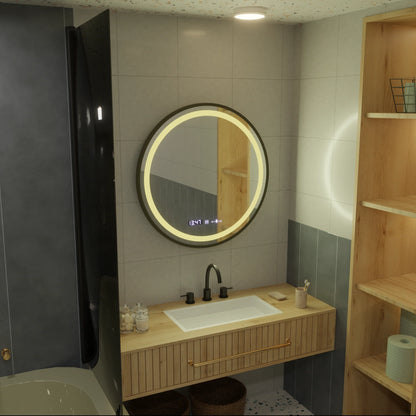 Oglinda LED Rotunda, 100cm, Celeste Majeste Noir MotionGlow Marcello, Sistem Dezaburire, Ceas & Termometru, Dimabila
