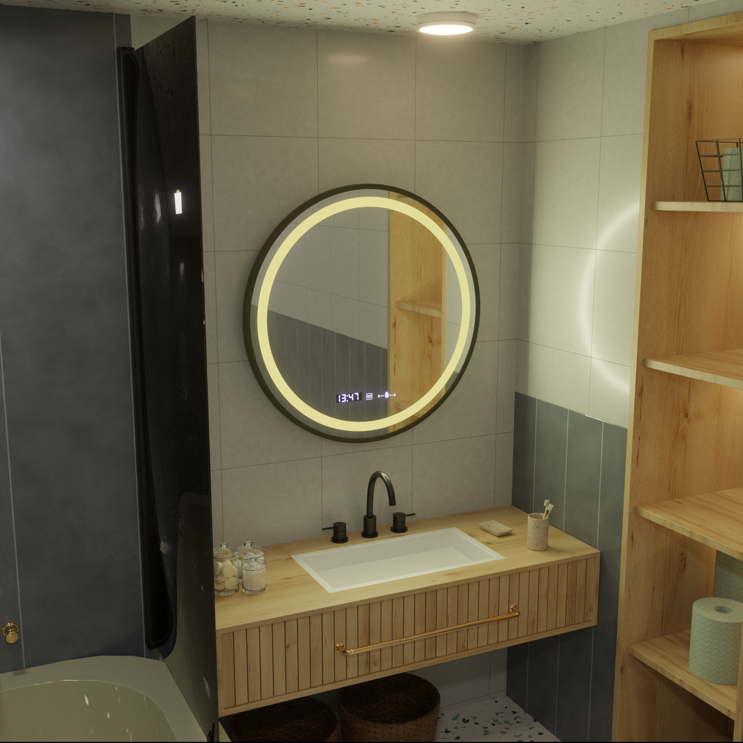 Oglinda LED Rotunda, 60cm, Celeste Majeste Noir MotionGlow Marcello, Sistem Dezaburire, Ceas & Termometru, Dimabila – og