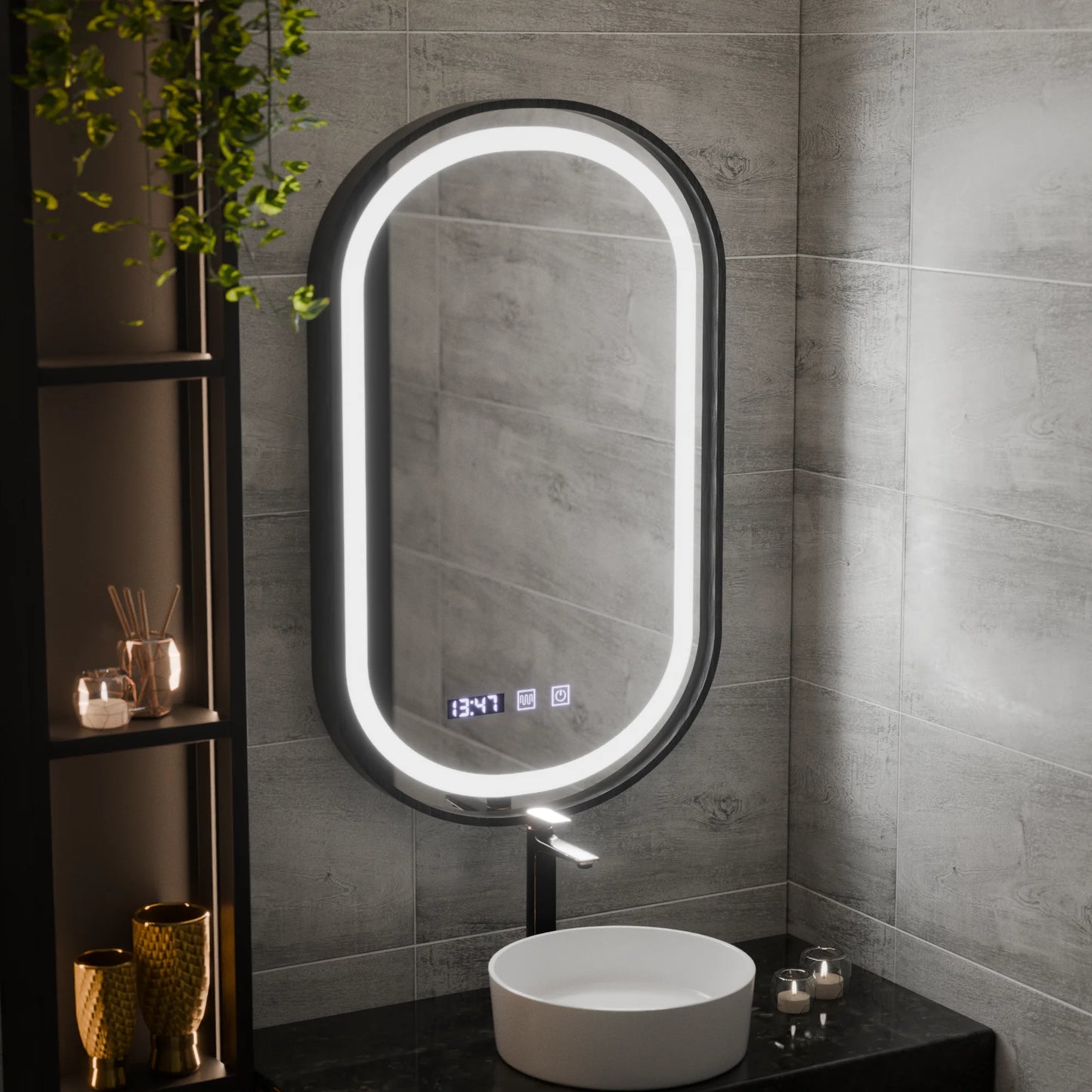 Oglinda LED Senzor Helmut Sistem Dezaburire, Ceas si Temperatura 50x90 cm Rama Negru Brushed Marcello Funghi