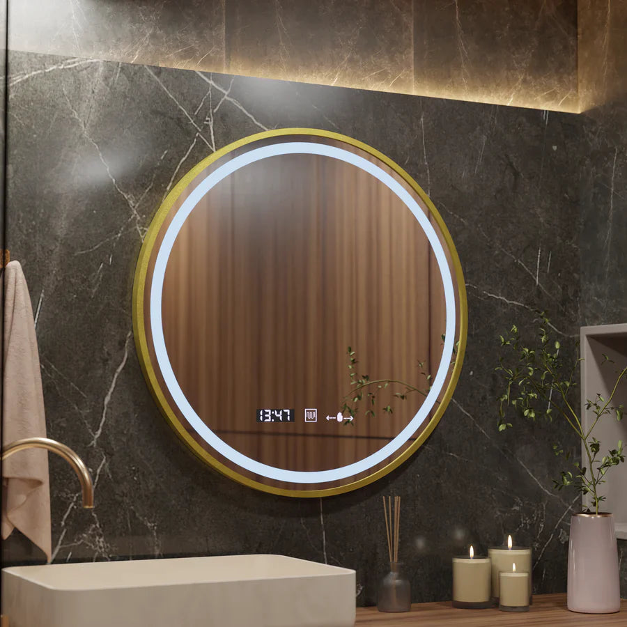 Oglinda LED Rotunda 60 Celeste Royale Gold Eleve MotionGlow Marcello, Curea Piele Ecologica, Sistem Dezaburire, Termometru si Ceas, Dimabila
