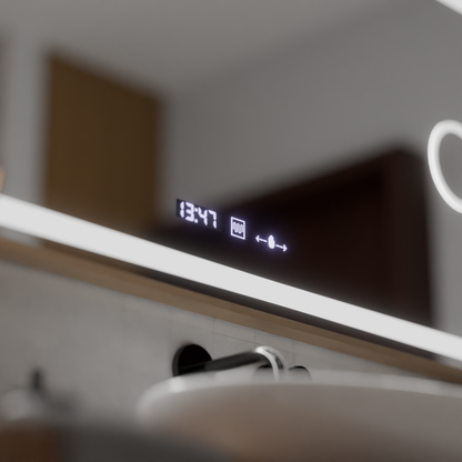 Oglinda LED Senzor MotionGlow Sofia cu functie Dezaburire Termometru Ceas 110x65 cm Lumina Calda/Rece/Neutra Dimabila,Ra