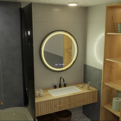 Oglinda LED Rotunda, 100cm, Celeste Majeste Noir MotionGlow Marcello, Sistem Dezaburire, Ceas & Termometru, Dimabila – o