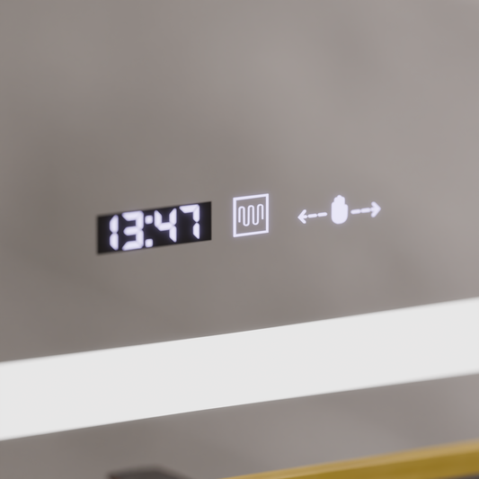 Oglinda LED Rectangulara, 60x80cm, Eclat MotionGlow Marcello, Sistem Dezaburire, Ceas & Termometru, Lupa Cosmetica, Dimabila, Rama Auriu Brushed