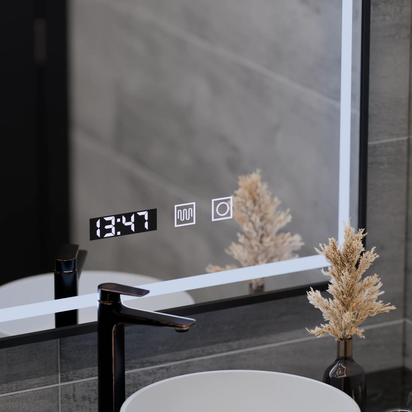 Oglinda LED Touch LUCIDA Sistem Dezaburire, Ceas si Temperatura 50x70 cm Rama Negru Brushed