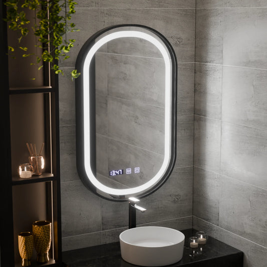 Oglinda LED Senzor Helmut Sistem Dezaburire, Ceas si Temperatura 50x80 cm Rama Negru Brushed Marcello Funghi