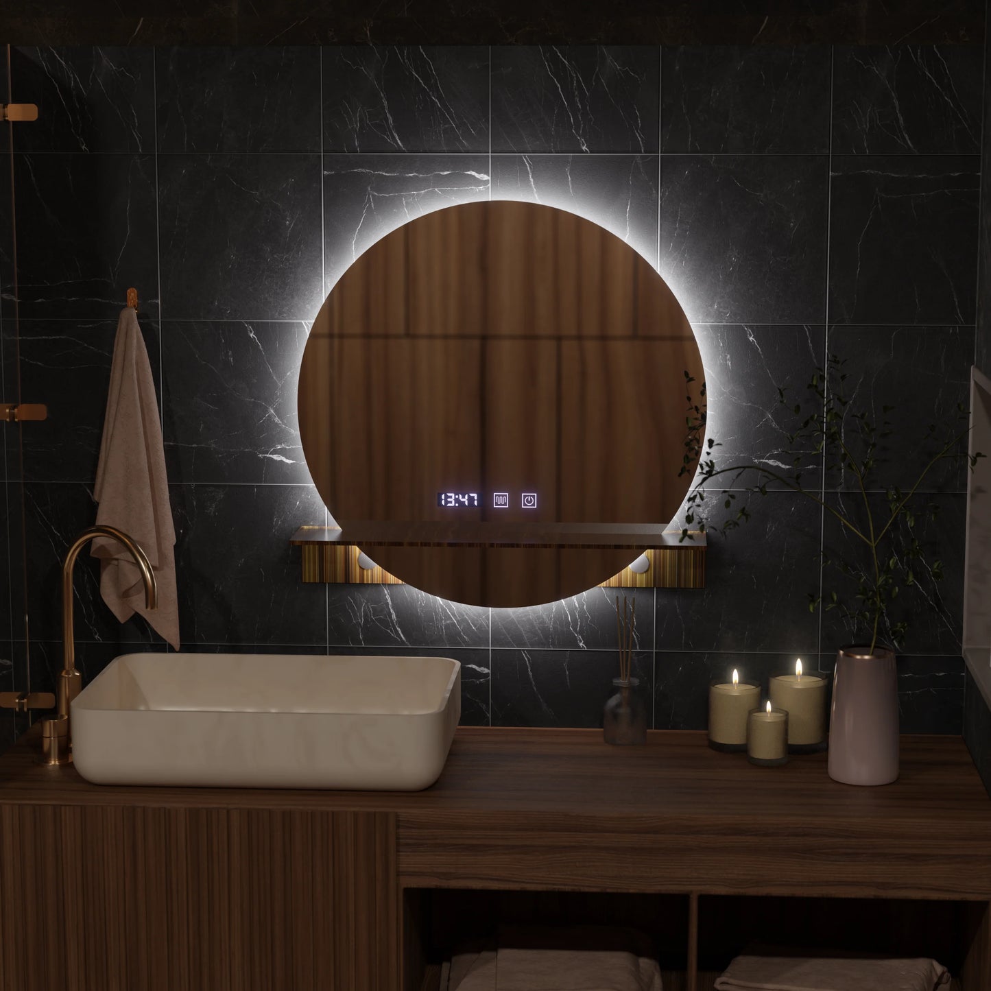 Oglinda LED Touch Alfred Sistem Dezaburire, Ceas si Temperatura 60x60 cm Cu Suport Integrat