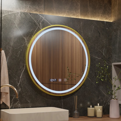 Oglinda LED Touch LUSSO Sistem Dezaburire, Ceas si Temperatura, 70 cm, rama Auriu Brushed