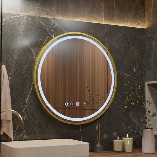 Oglinda LED Touch LUSSO Sistem Dezaburire, Ceas si Temperatura, 70 cm, rama Auriu Brushed