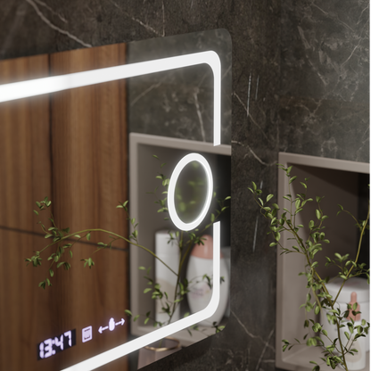 Oglinda LED Rectangulara, 110x75cm, Eclat MotionGlow Marcello, Sistem Dezaburire, Ceas & Termometru, Lupa Cosmetica, Dimabila
