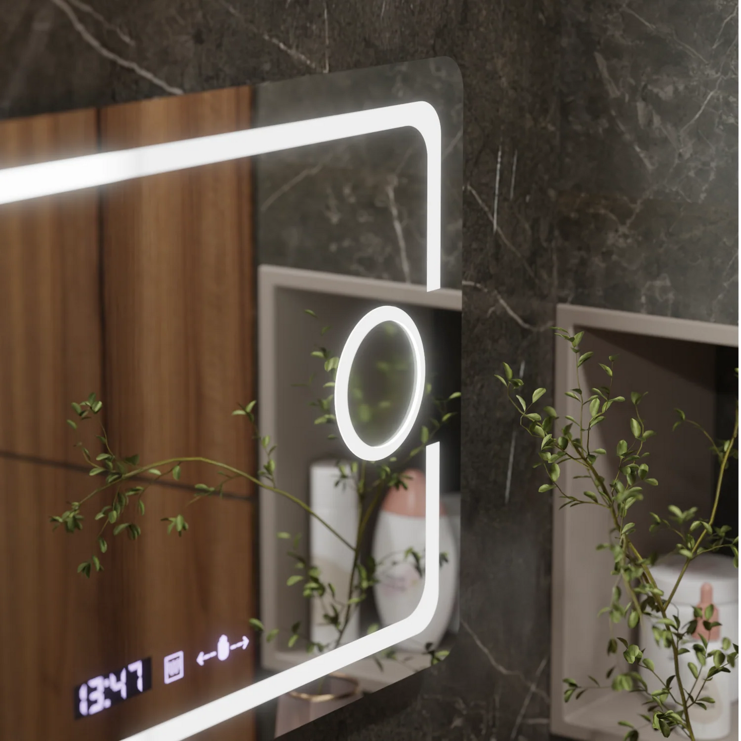 Oglinda LED Rectangulara, 120x80cm, Eclat MotionGlow Marcello, Sistem Dezaburire, Ceas & Termometru, Lupa Cosmetica, Dimabila