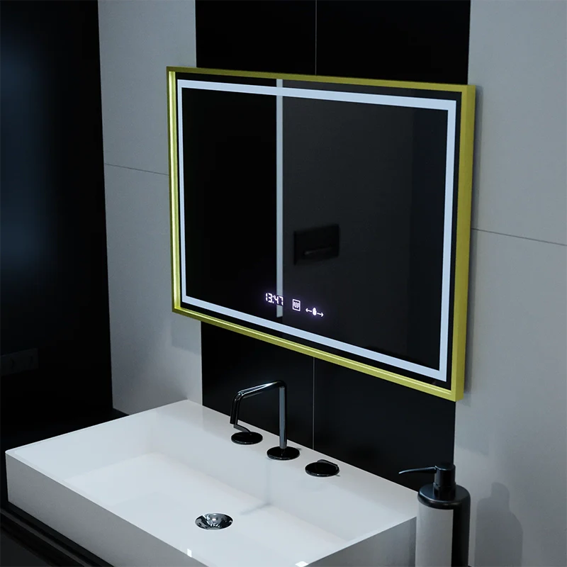 Oglinda LED Rectangulara, 100x65cm, Verite Royale Gold Motion Glow Marcello, Sistem Dezaburire, Ceas & Termometru, Dimabila