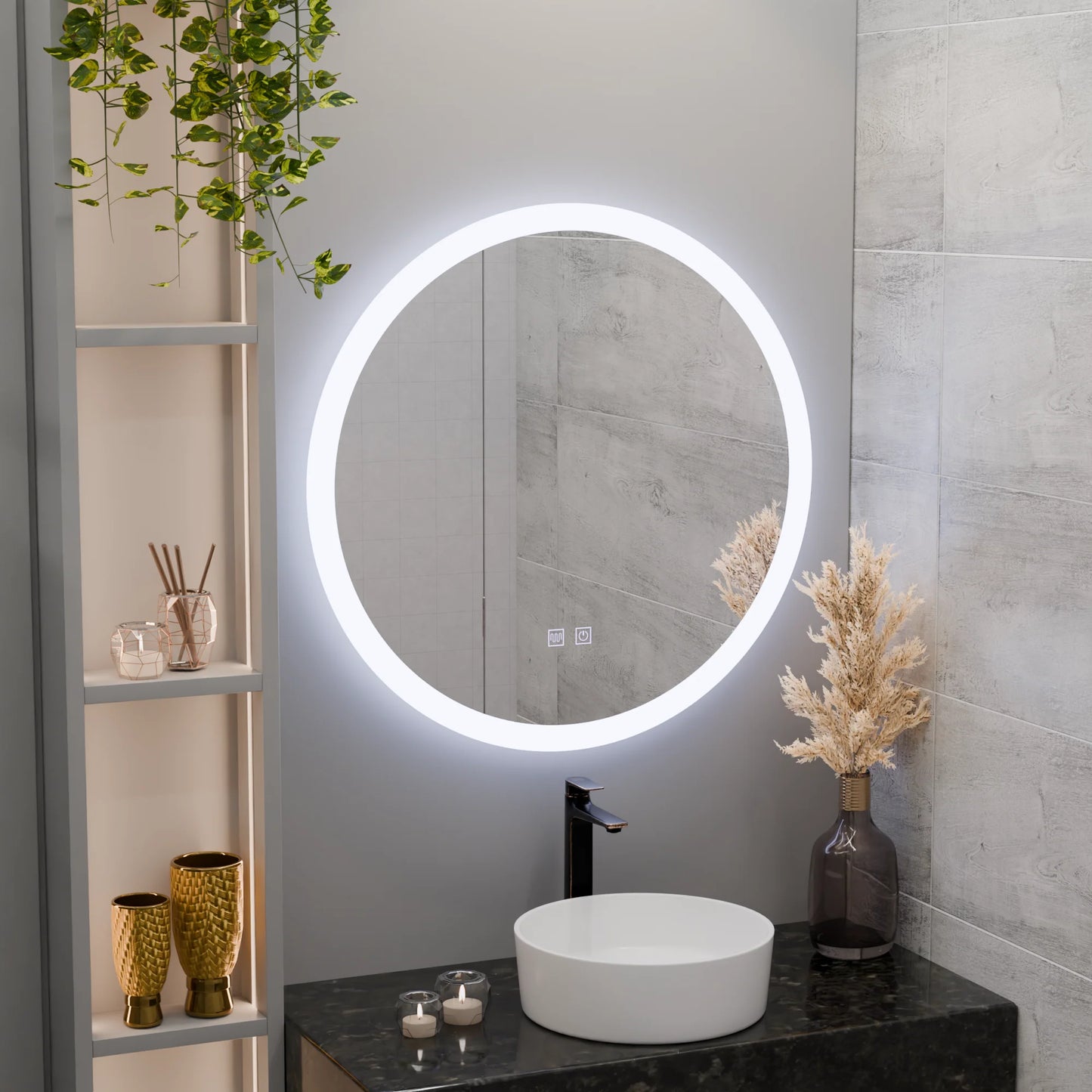 Oglinda LED Rotunda, 50cm, Noxia Touch, Sistem Dezaburire, Dimabila