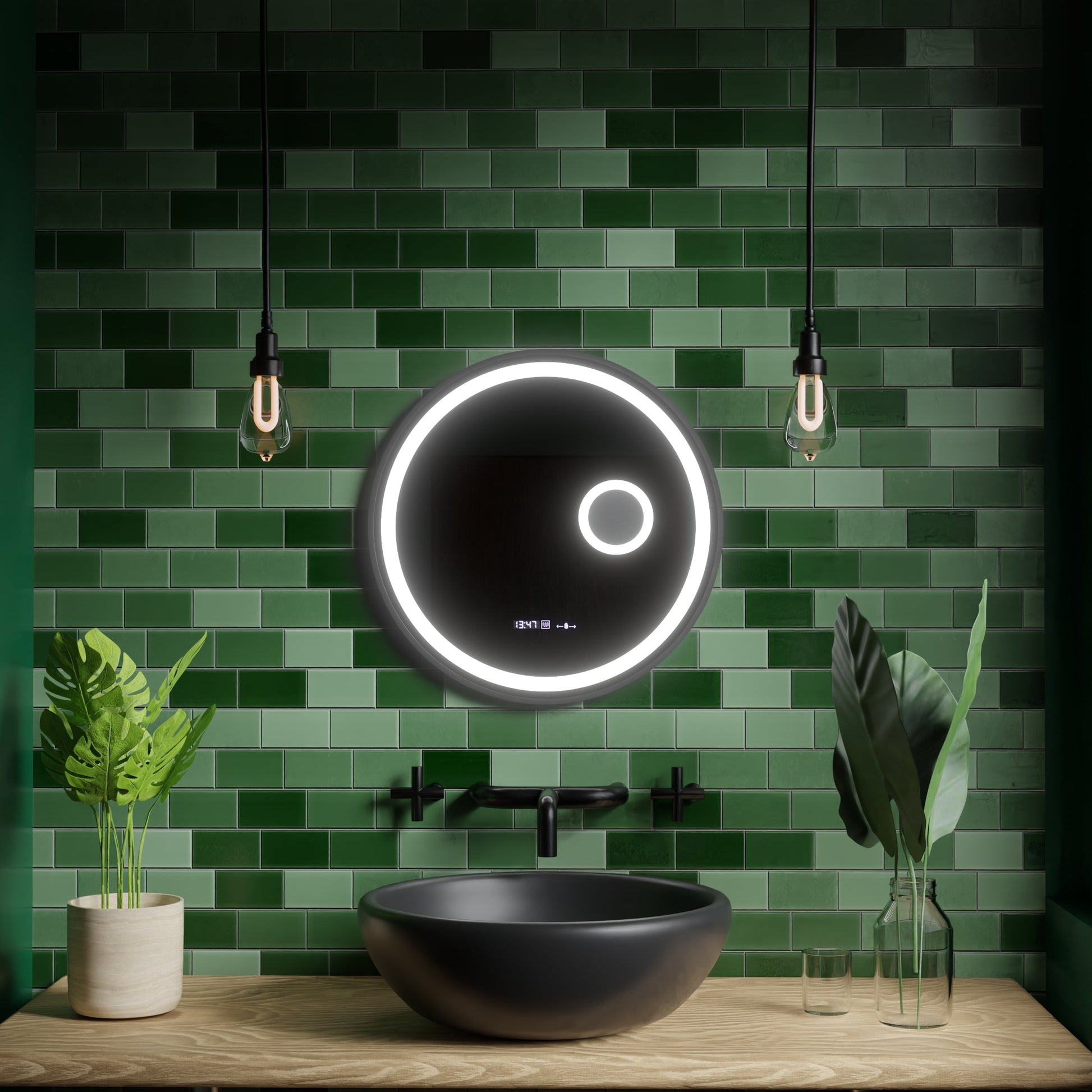 Oglinda LED Senzor MotionGlow Micah Rotunda Diametru 60 cm Lumina Rece/Calda/Neutra Dimabila Sistem Dezaburire Termometru Ceas si Lupa Cosmetica Rama Negru Periat cu Curea Piele Ecologica Marcello Funghi