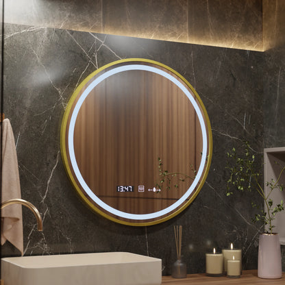 Oglinda LED Senzor MotionGlow Faratya Sistem Dezaburire Termometru si Ceas Rama Auriu Periat Rotunda Diametru 100 cm Lumina Rece/Calda/Neutra Dimabila Colectia Marcello Funghi