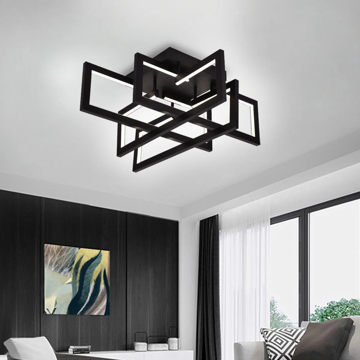 Lustra LED cu telecomanda 98W, 4 Elemente, lumina Rece/Calda/Neutra, Dimabila, Negru
