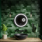 Oglinda LED Senzor MotionGlow Micah Rotunda Diametru 60 cm Lumina Rece/Calda/Neutra Dimabila Sistem Dezaburire Termometru Ceas si Lupa Cosmetica Rama Negru Periat cu Curea Piele Ecologica Marcello Funghi