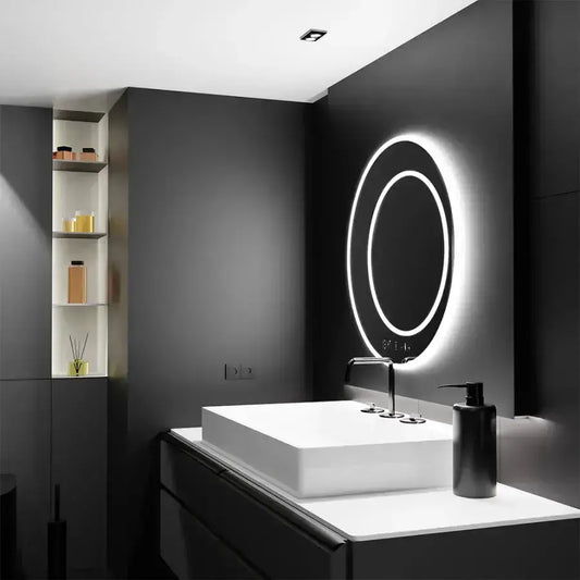 Oglinda LED Rotunda, 60cm, July Touch Marcello, Sistem Dezaburire, Ceas & Termometru, Dimabila – oglindă LED, 60 cm – Re