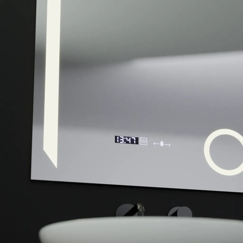 Oglinda LED Rectangulara 60x80 Precision MotionGlow Marcello, Lupa Cosmetica, Sistem Dezaburire, Termometru, Ceas, Dimabila