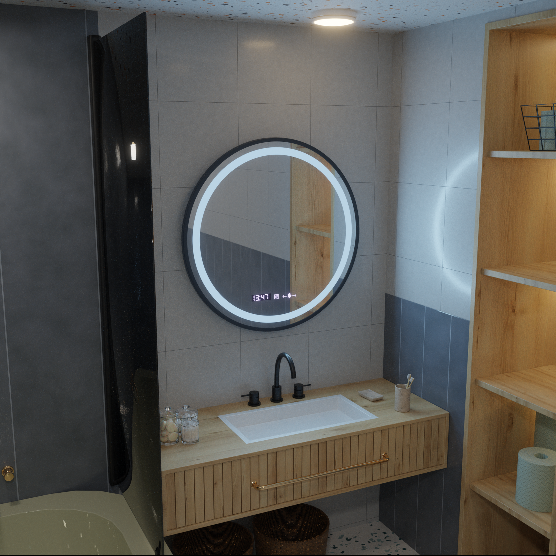 Oglinda LED Rotunda, 60cm, Celeste Majeste Noir MotionGlow Marcello, Sistem Dezaburire, Ceas & Termometru, Dimabila – og