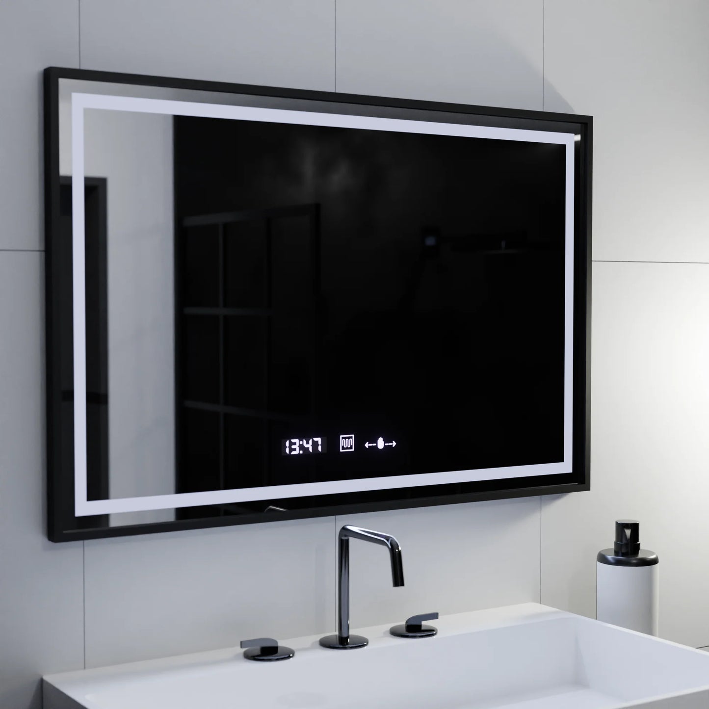 Oglinda LED Rectangulara, 120x80cm, Raggio Motion Glow Marcello, Sistem Dezaburire, Termometru si Ceas, Dimabila