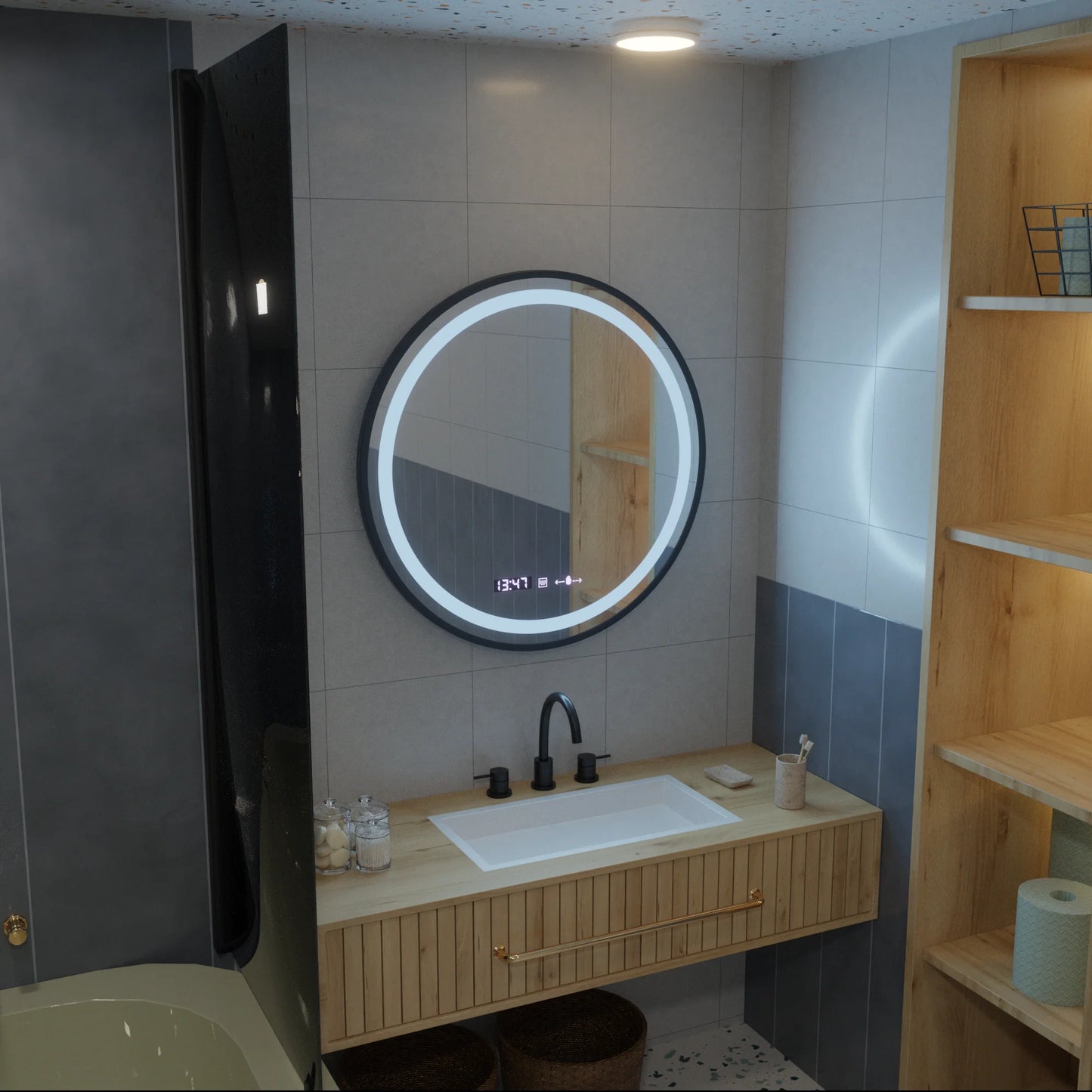 Oglinda LED Rotunda 70 Celeste Majeste Noir MotionGlow Marcello, Sistem Dezaburire, Termometru si Ceas, Dimabila