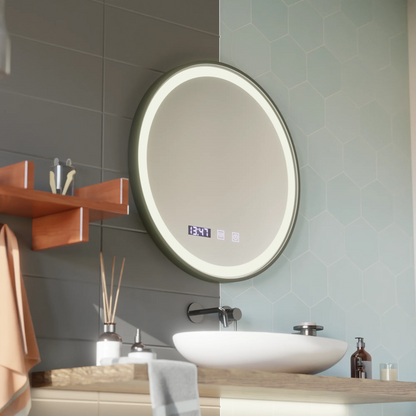 Oglinda LED Touch NOVARA Sistem Dezaburire, Ceas si Temperatura 70 cm Rama Negru Brushed