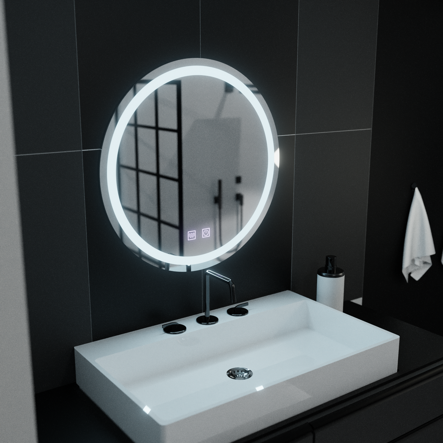 Oglinda LED Rotunda, 60cm, Sfera Touch, Sistem Dezaburire, Dimabila