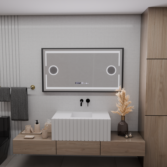 Oglinda LED Senzor MotionGlow Domingo cu functie Dezaburire Termometru Ceas 120x65 cm Lumina Rece/Calda/Neutra Dimabila, Rama Negru Brushed, colectia Marcello Funghi