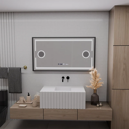 Oglinda LED Senzor MotionGlow Domingo cu functie Dezaburire Termometru Ceas 120x65 cm Lumina Rece/Calda/Neutra Dimabila, Rama Negru Brushed, colectia Marcello Funghi