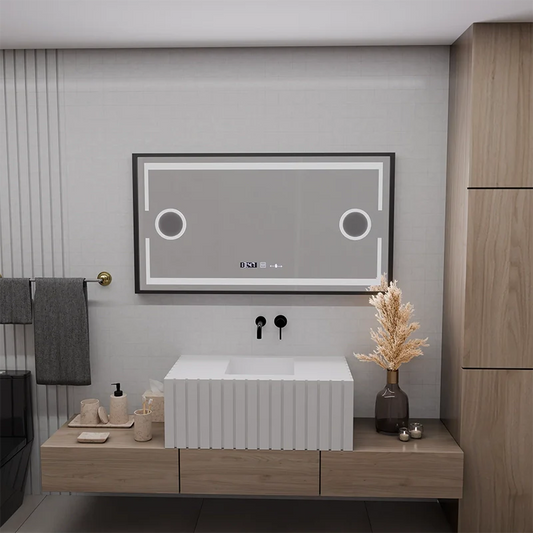 Oglinda LED Senzor MotionGlow Domingo cu functie Dezaburire Termometru Ceas 120x65 cm Lumina Rece/Calda/Neutra Dimabila, Rama Negru Brushed, colectia Marcello Funghi
