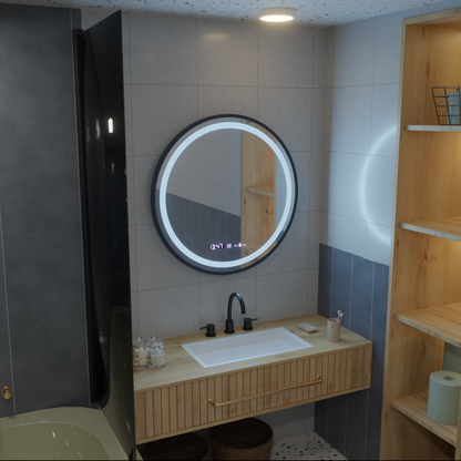 Oglinda LED Rotunda, 60cm, Celeste Majeste Noir MotionGlow Marcello, Sistem Dezaburire, Ceas & Termometru, Dimabila