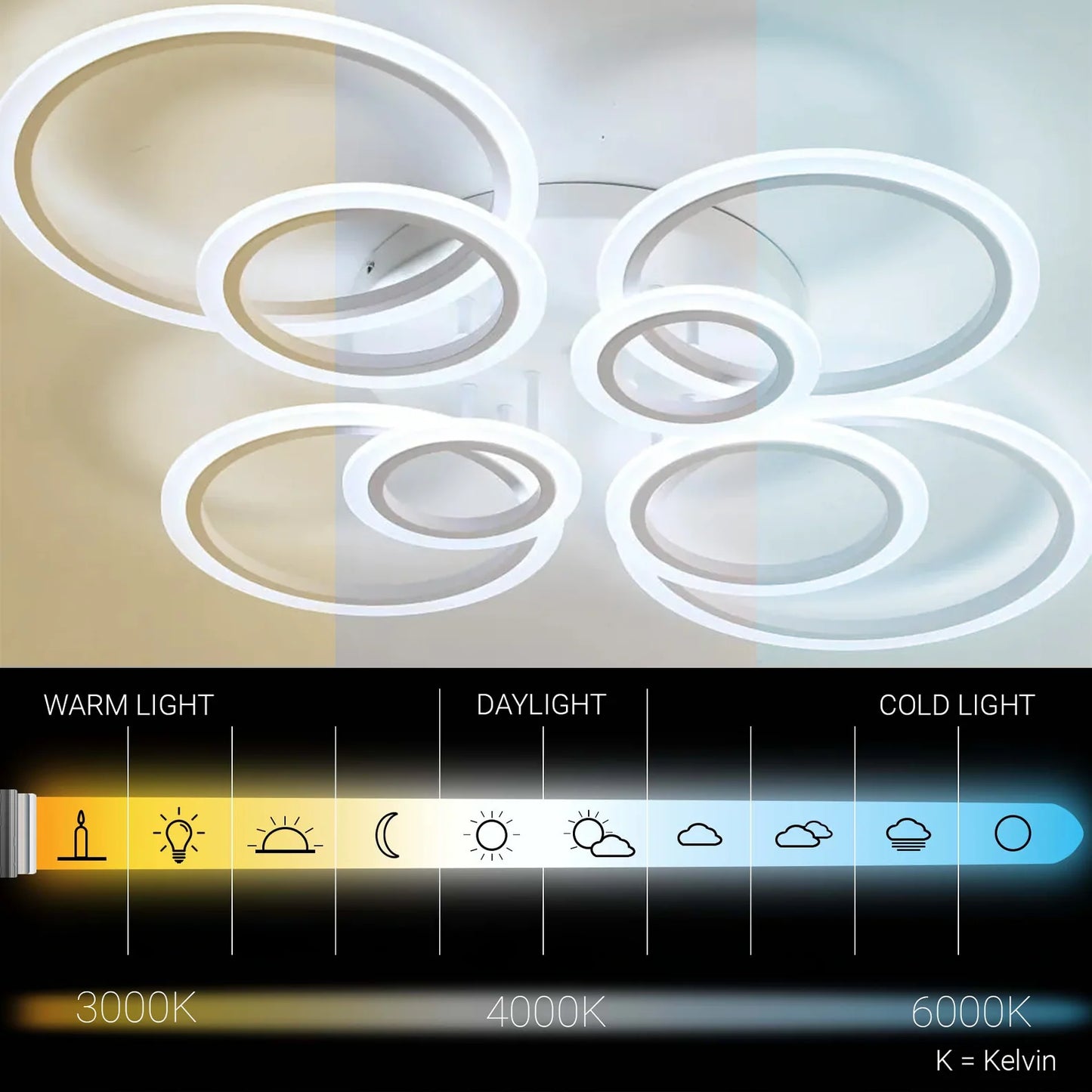 Lustra LED 130W Alb BETTY - 8 Cercuri, Dimabila, Lumina Rece/Calda/Neutra