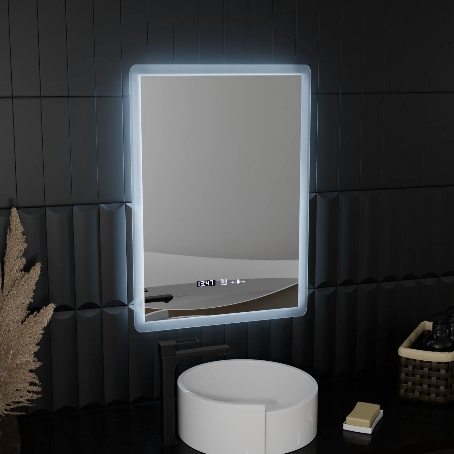Oglinda LED Rectangulara, 50x70cm, ELANCEE Senzor MotionGlow Marcello, Sistem Dezaburire, Ceas & Termometru, Dimabila