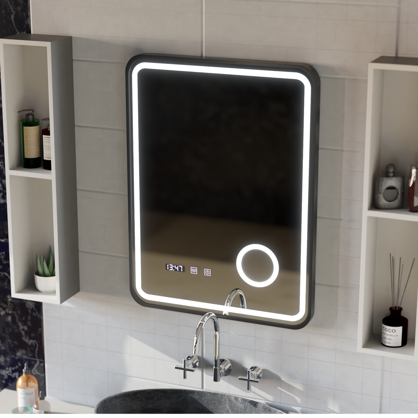 Oglinda LED Touch Ulrich Sistem Dezaburire, Ceas si Temperatura 60x80 cm Rama Negru Brushed Lupa Cosmetica