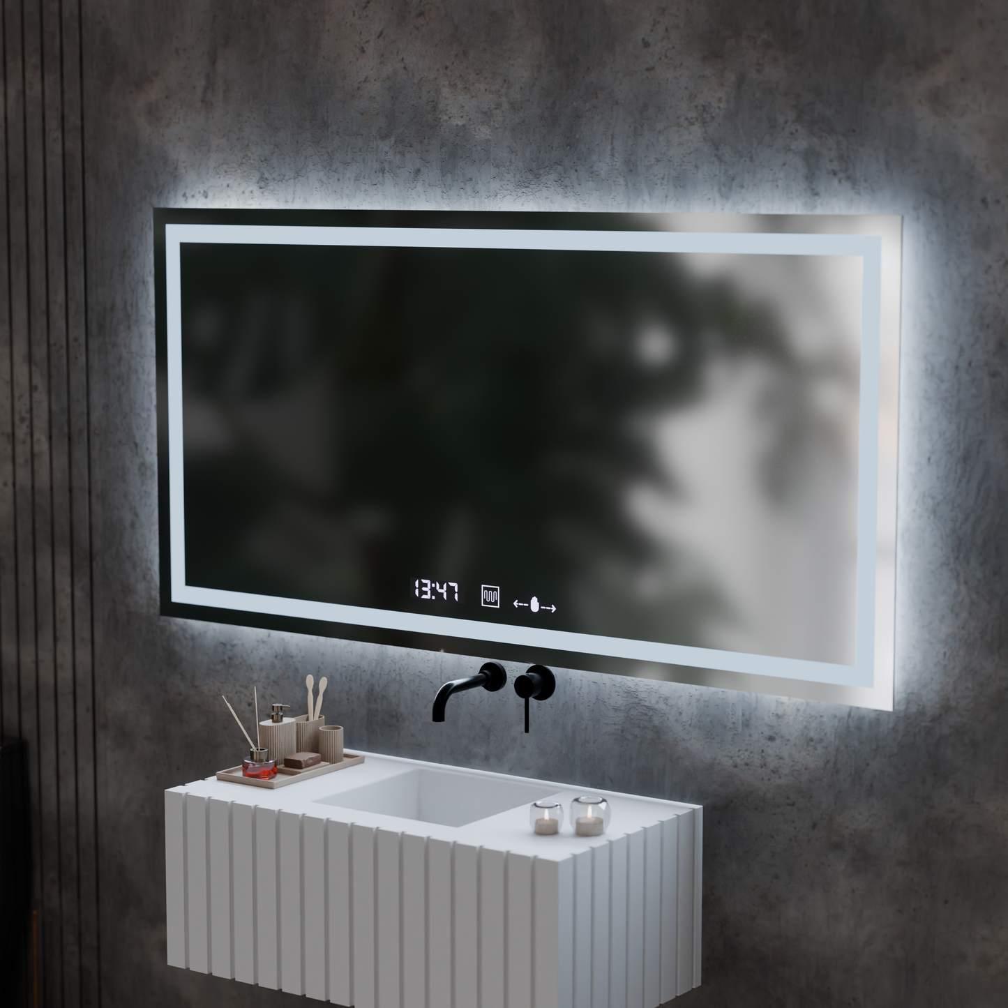 Oglinda LED Rectangulara 120x60cm Verite MotionGlow Marcello, Sistem Dezaburire, Termometru si Ceas, Dimabila