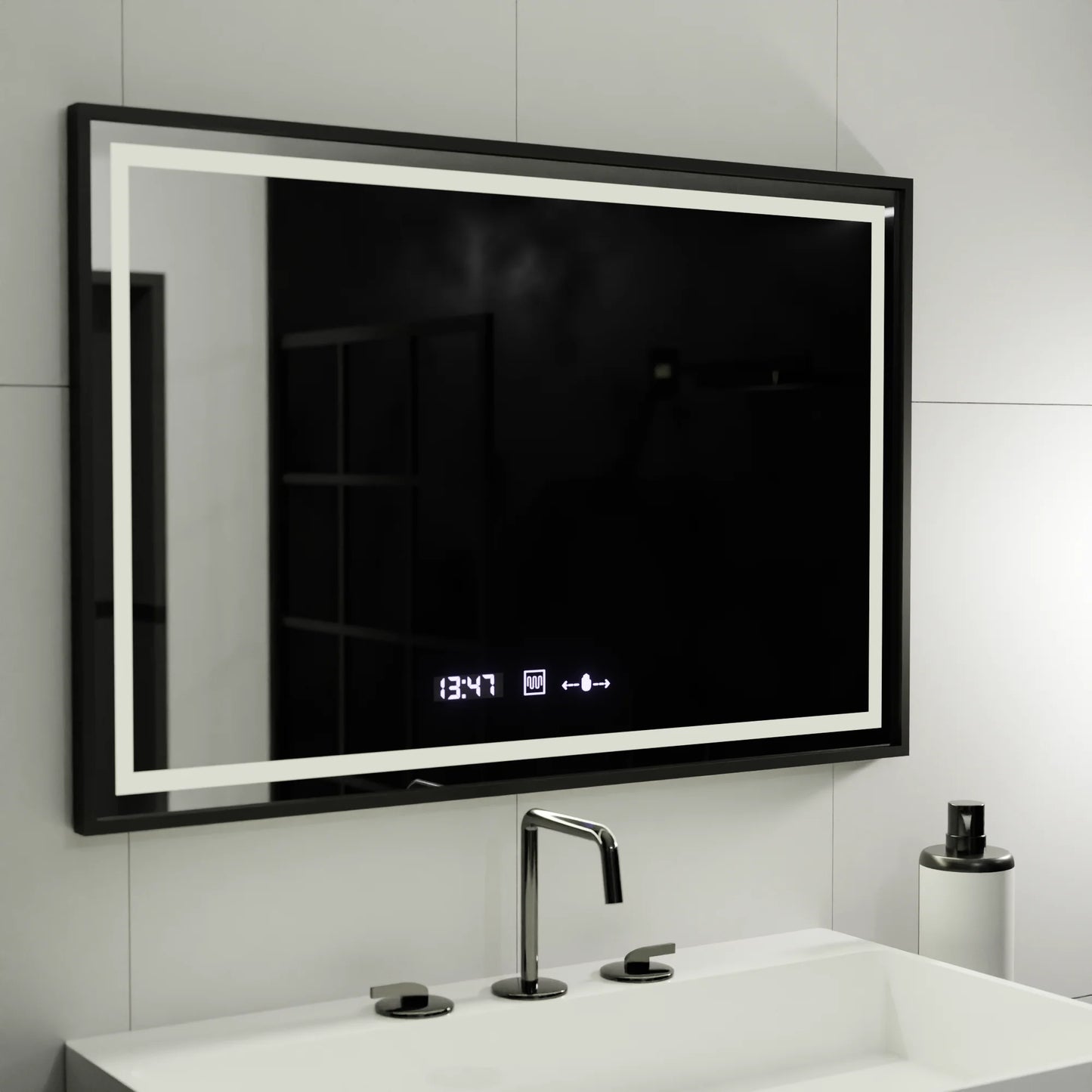 Oglinda LED Rectangulara, 120x80cm, Raggio Motion Glow Marcello, Sistem Dezaburire, Termometru si Ceas, Dimabila
