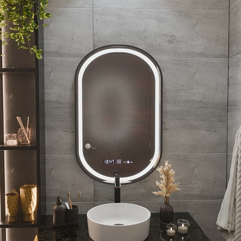 Oglinda LED Senzor Helmut Sistem Dezaburire, Ceas si Temperatura 50x90 cm Rama Negru Brushed Marcello Funghi