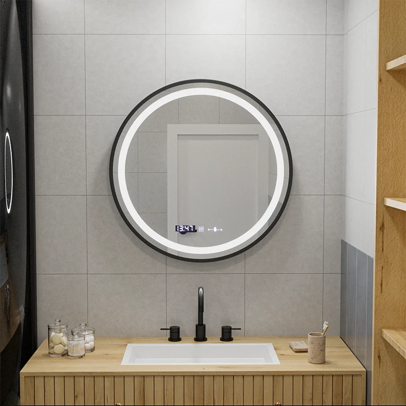 Oglinda LED Rotunda 70 Celeste Majeste Noir MotionGlow Marcello, Sistem Dezaburire, Termometru si Ceas, Dimabila