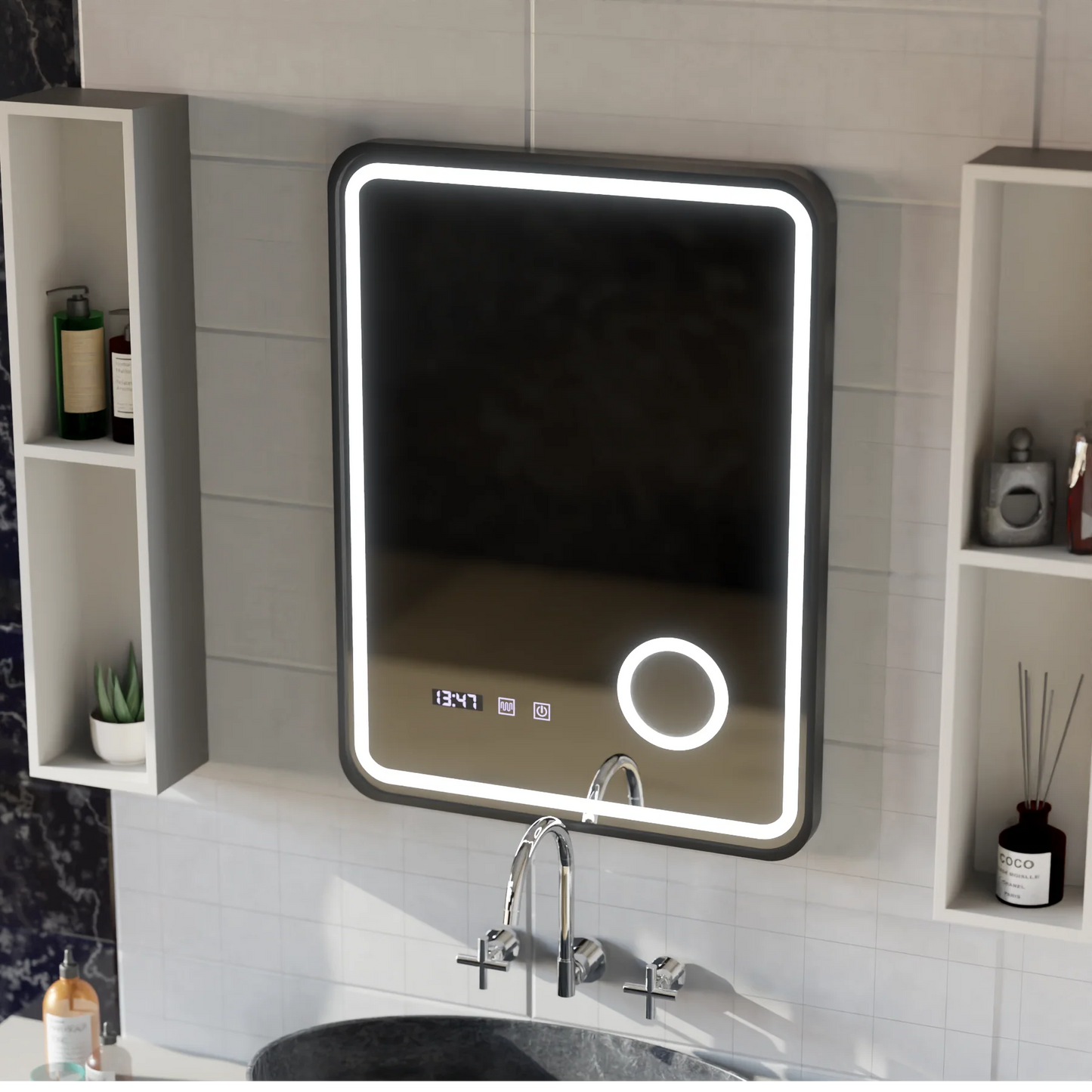 Oglinda LED Touch Ulrich Sistem Dezaburire, Ceas si Temperatura 75x90 cm Rama Negru Brushed Lupa Cosmetica