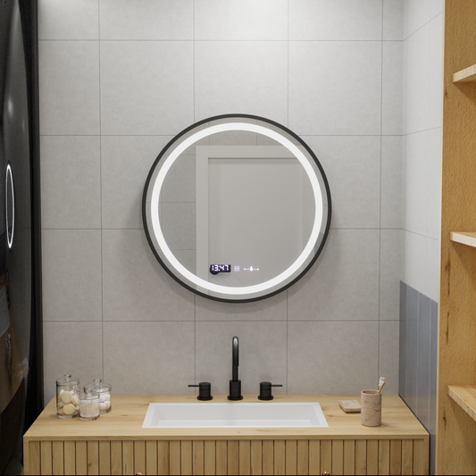 Oglinda LED Rotunda 60 Celeste Majeste Noir MotionGlow Marcello, Sistem Dezaburire, Termometru si Ceas, Dimabila
